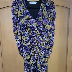 ASTR The Label Ruched Long Sleeve Minidress in Mustard Purple Floral